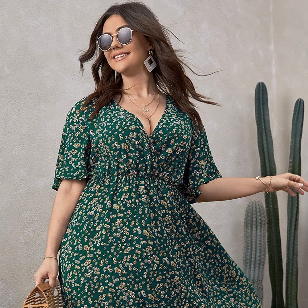Floerns Green yellow floral swing boho dress